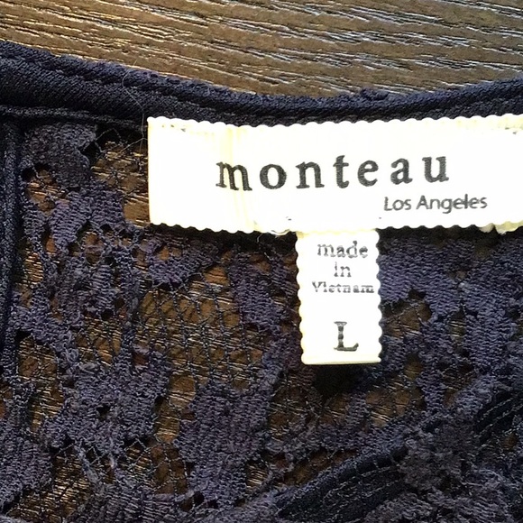 EUC L (fits more like M) Navy Monteau Soft Cotton Lined Lace Mini Dress - Picture 3 of 6